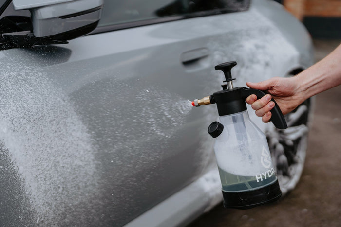 Lamborghini being snow foamed with a Hydro Spray Bottle 