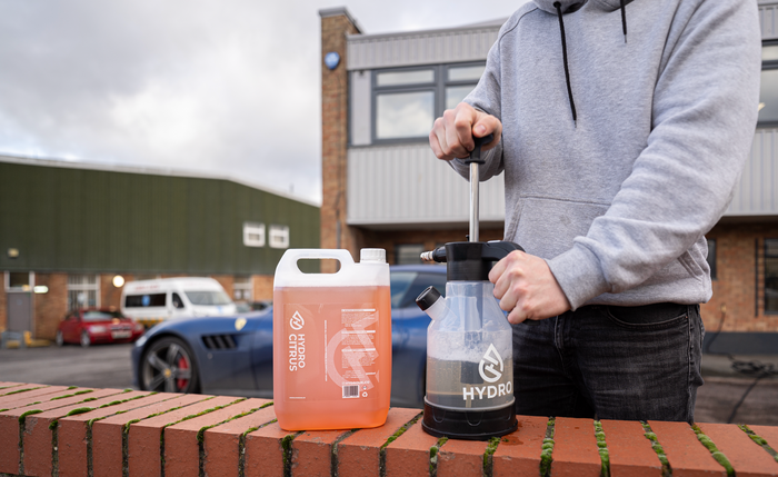 Lamborghini being snow foamed with a Hydro Spray Bottle 
